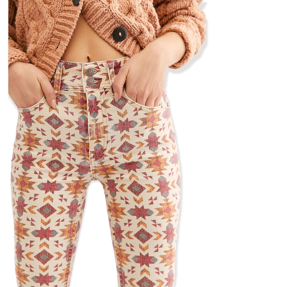 Free People Cream & Rust Patterned High-Rise Jeggings - Picture 2 of 14